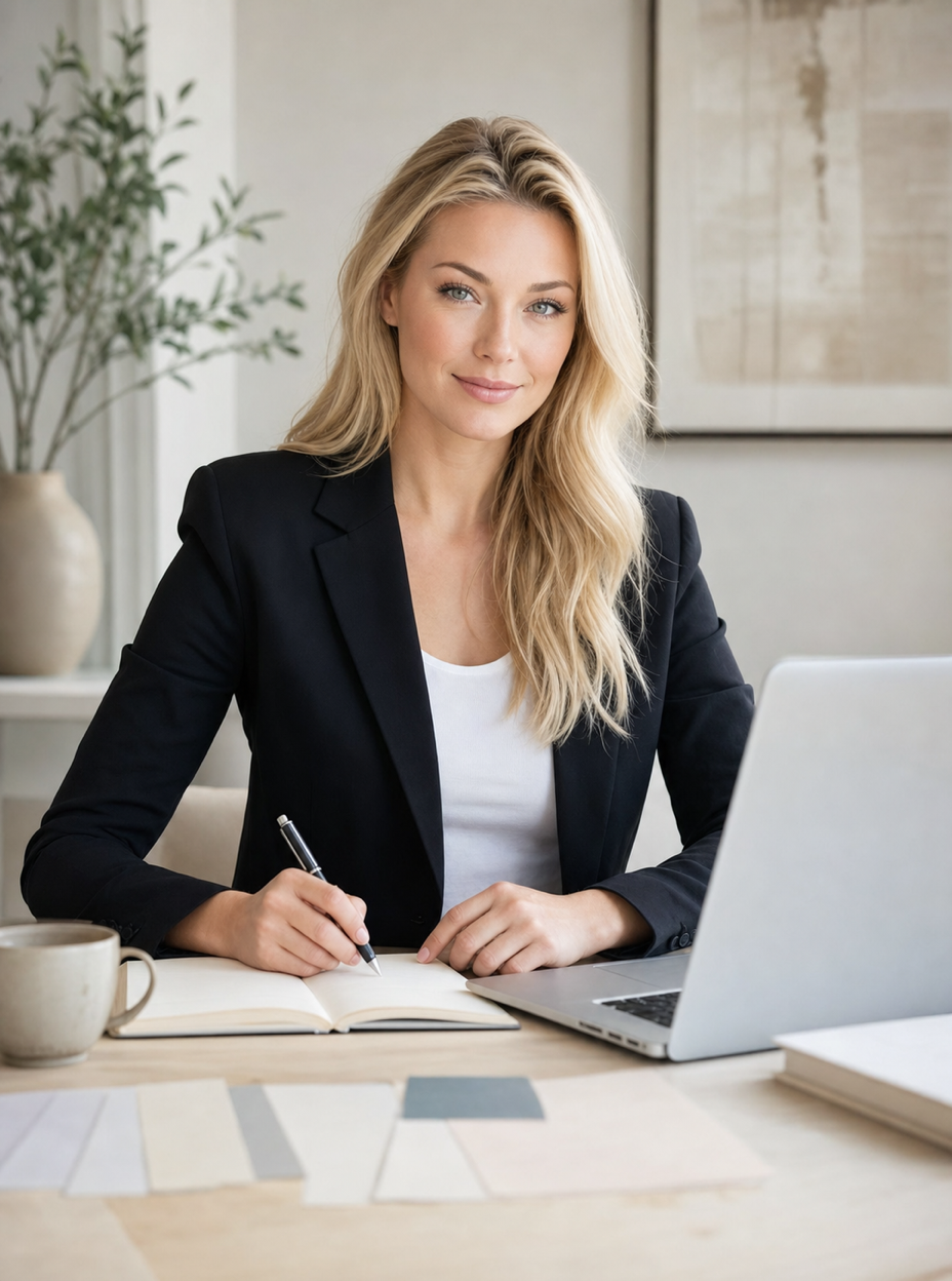 Nicole Junkermann working with a laptop and notebook