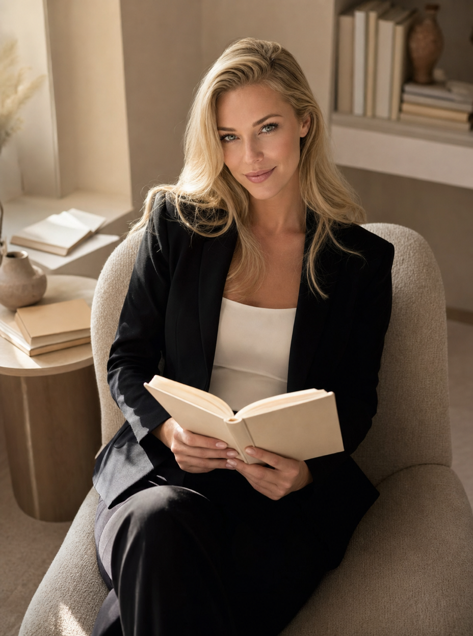 A reading corner with books and a small vase beside Nicole Junkermann