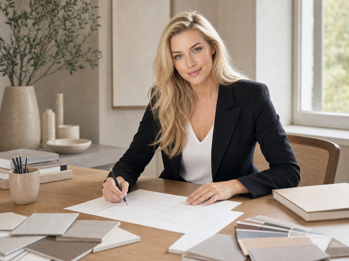 Nicole Junkermann sketching plans at a desk