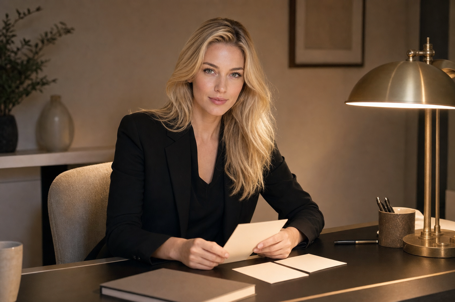 Nicole Junkermann reading notes at a lamp-lit desk